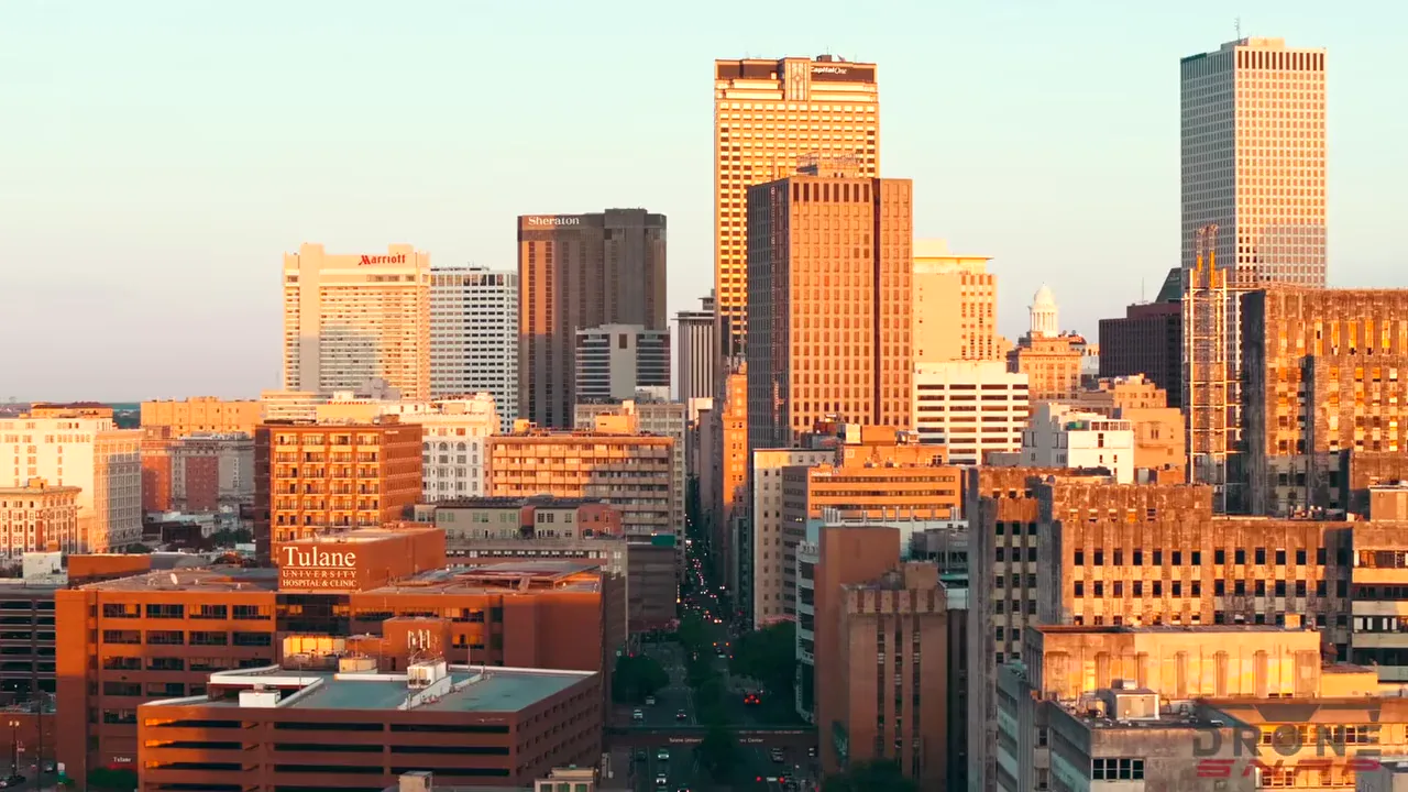 The downtown New Orleans skyline in evening light